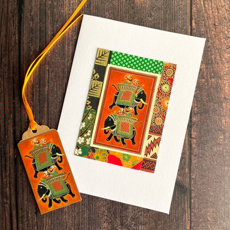 Handmade blank card for elephant lover, Indian elephant, vintage playing card