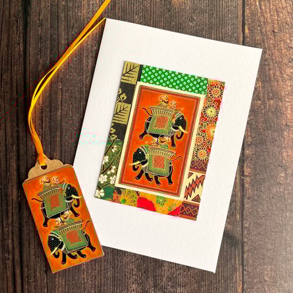 Handmade blank card for elephant lover, Indian elephant, vintage playing card