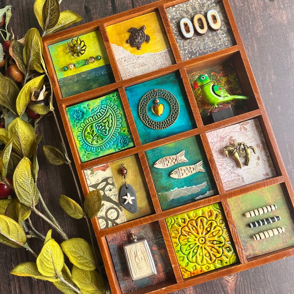 Mixed media art, assemblage art. Boho home decor. Quirky new home gift