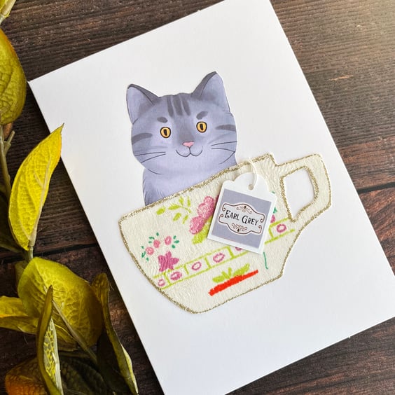 Grey tabby cat, handmade cat card, card for cat lover, cat in a cup