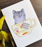 Grey tabby cat, handmade cat card, card for cat lover, cat in a cup