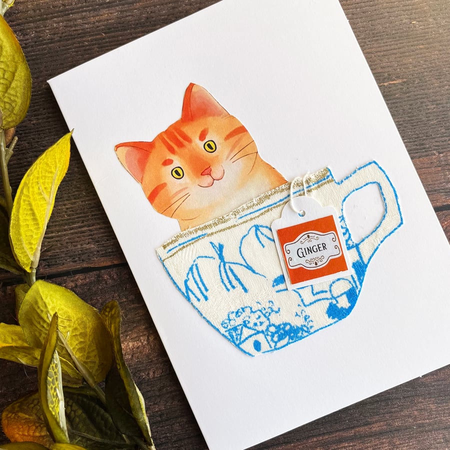 Ginger tabby cat handmade card, card for cat lover, cat in a cup