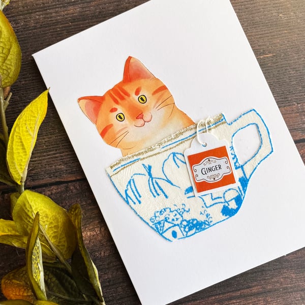 Ginger tabby cat handmade card, card for cat lover, cat in a cup