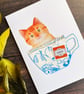 Ginger tabby cat handmade card, card for cat lover, cat in a cup
