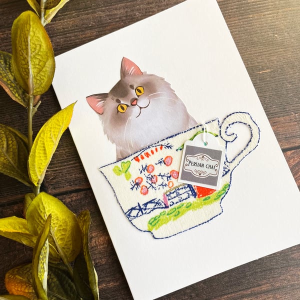 Grey long-haired cat, Persian cat card, card for cat lover, cat in a cup