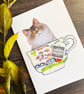 Grey long-haired cat, Persian cat card, card for cat lover, cat in a cup