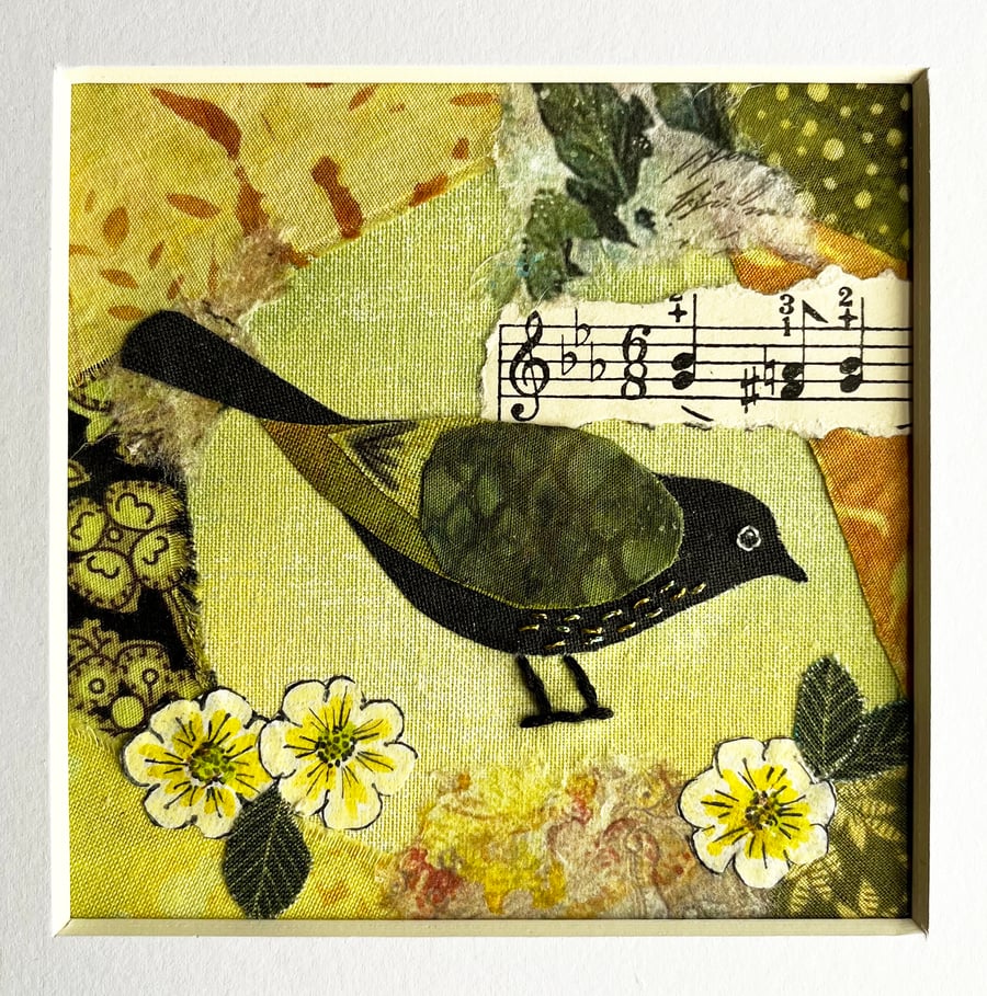 Collage of bird and flowers, handmade christmas gift, bird picture