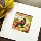 Collage of singing folk bird, handmade christmas gift, bird picture