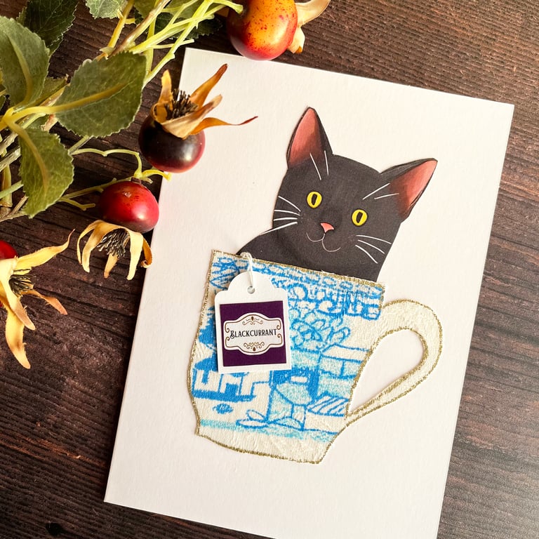 Black cat handmade card, card for cat lover, cat in a cup