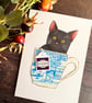 Black cat handmade card, card for cat lover, cat in a cup