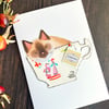 Siamese cat, handmade cat card, card for cat lover, cat in a cup