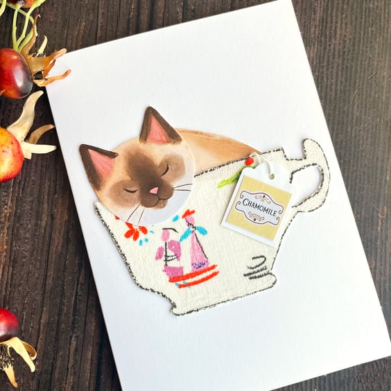 Siamese cat, handmade cat card, card for cat lover, cat in a cup