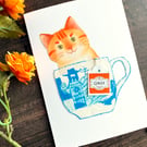 Ginger tabby cat handmade card, card for cat lover, cat in a cup