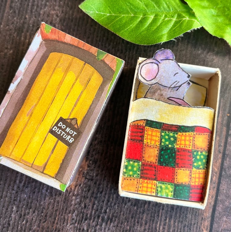 Matchbox art, sleeping mouse, stocking filler,
