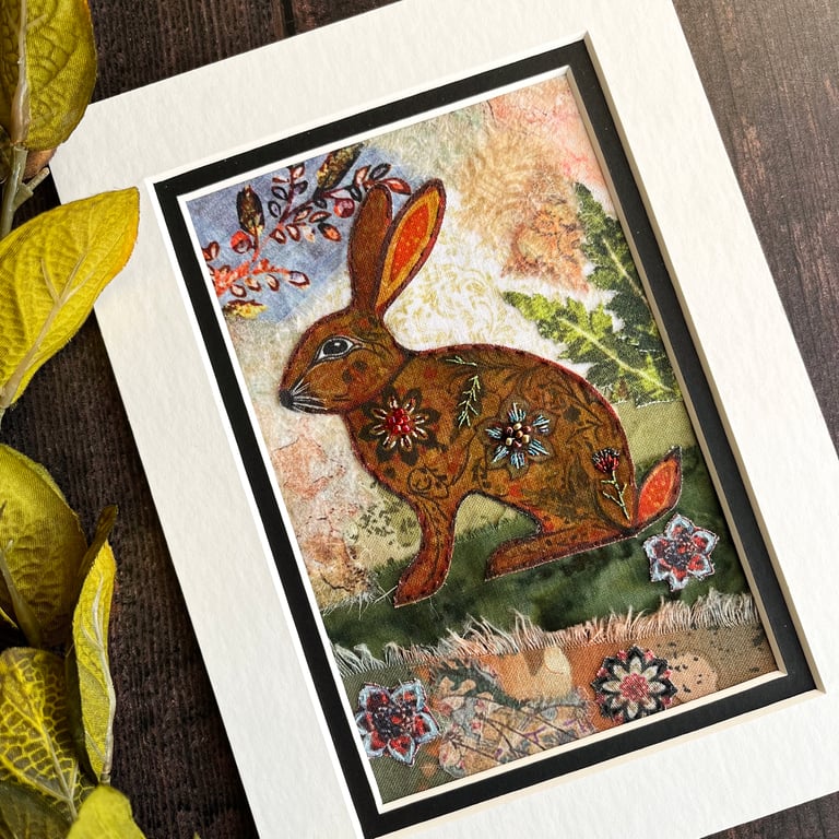 Mixed media collage, boho rabbit, gift for rabbit lover, rabbit picture