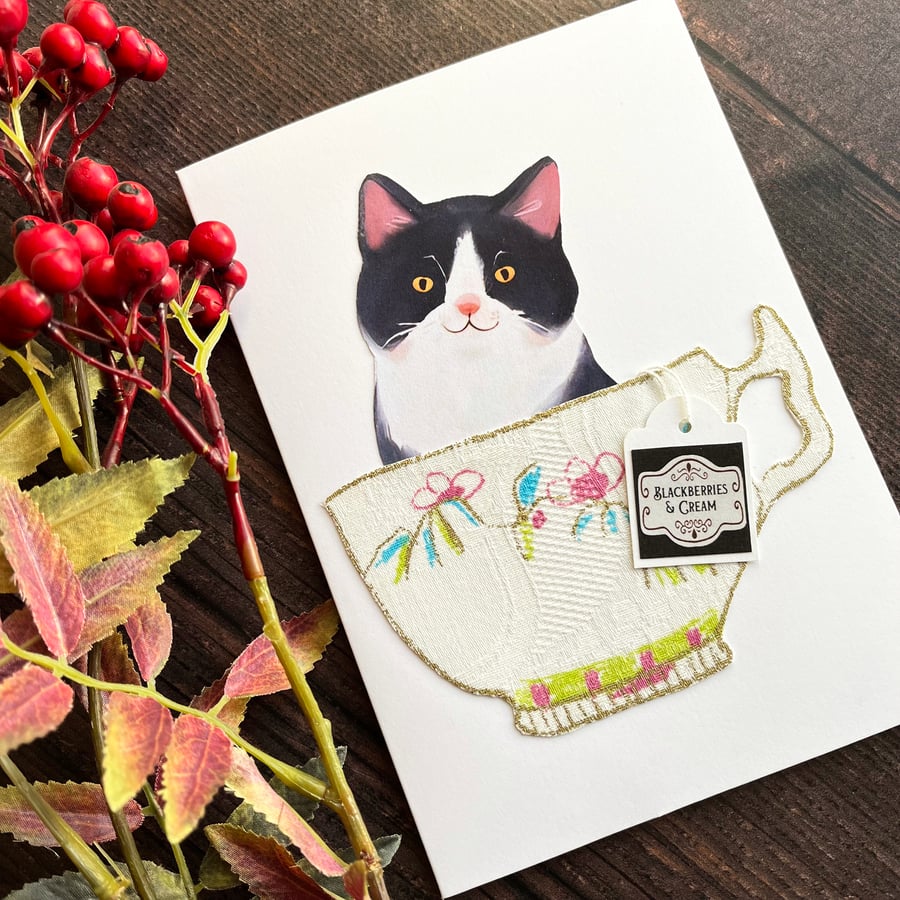 Tuxedo cat card, handmade cat card, card for cat lover, black and white cat
