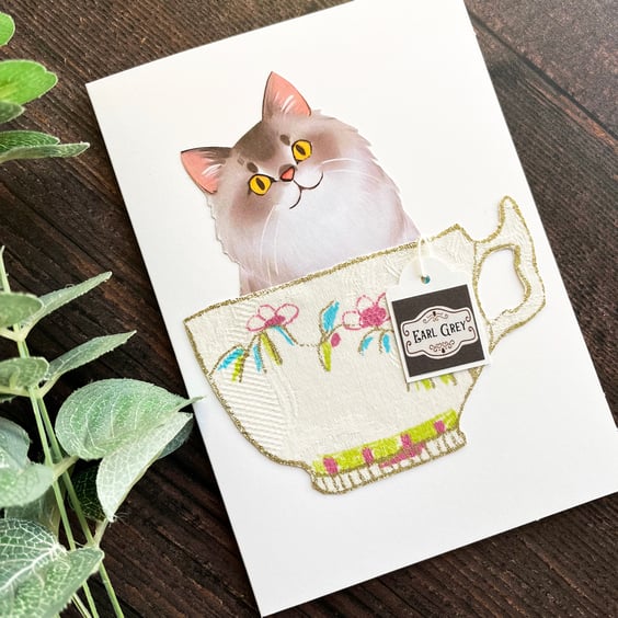 Grey long-haired cat, Persian cat card, card for cat lover, cat in a cup