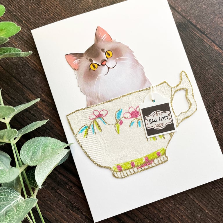 Grey long-haired cat, Persian cat card, card for cat lover, cat in a cup