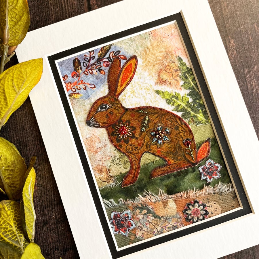Mixed media collage, boho rabbit, gift for rabbit lover, rabbit picture