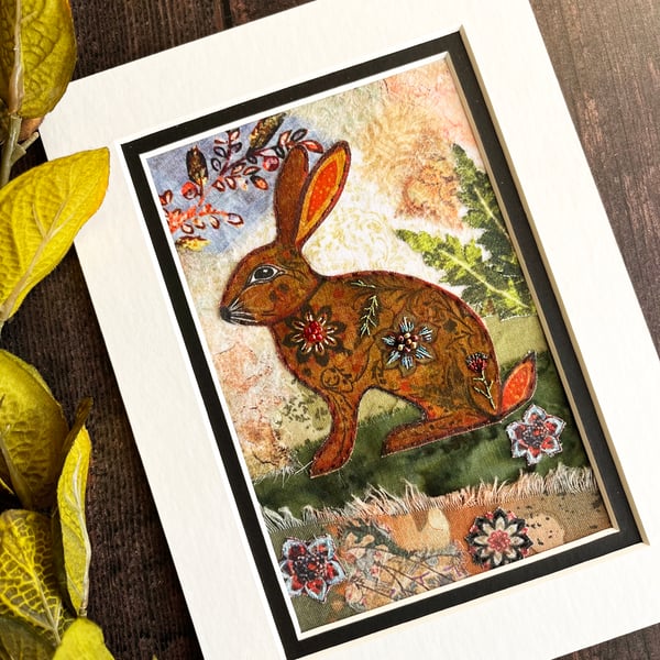 Mixed media collage, boho rabbit, gift for rabbit lover, rabbit picture