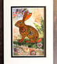 Mixed media collage, boho rabbit, gift for rabbit lover, textile art