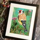 Mixed media 'Goldfinch and thistles', gift for bird lover, original art