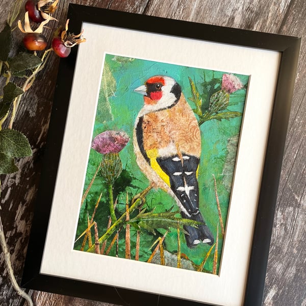 Mixed media 'Goldfinch and thistles', gift for bird lover, original art