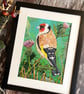 Mixed media 'Goldfinch and thistles', gift for bird lover, original art