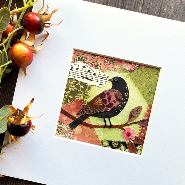 Collage, gift for bird lover, bird picture, textile art, folk bird