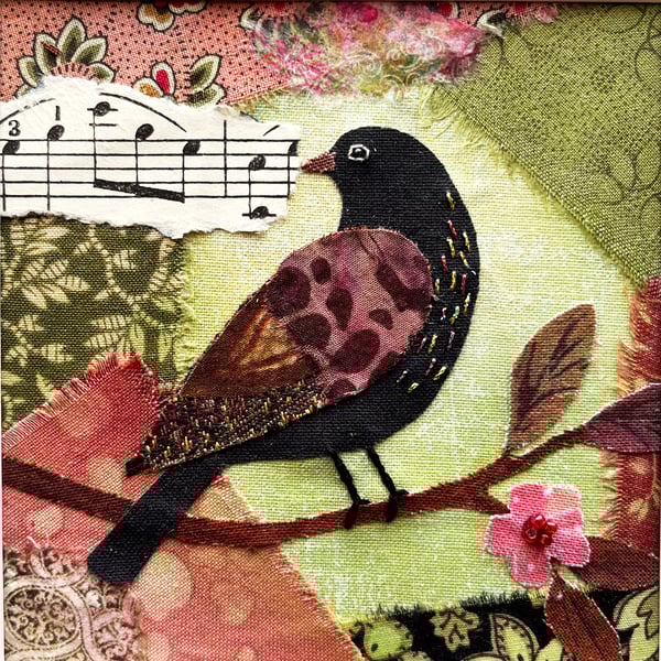 Collage, gift for bird lover, bird picture, textile art, folk bird