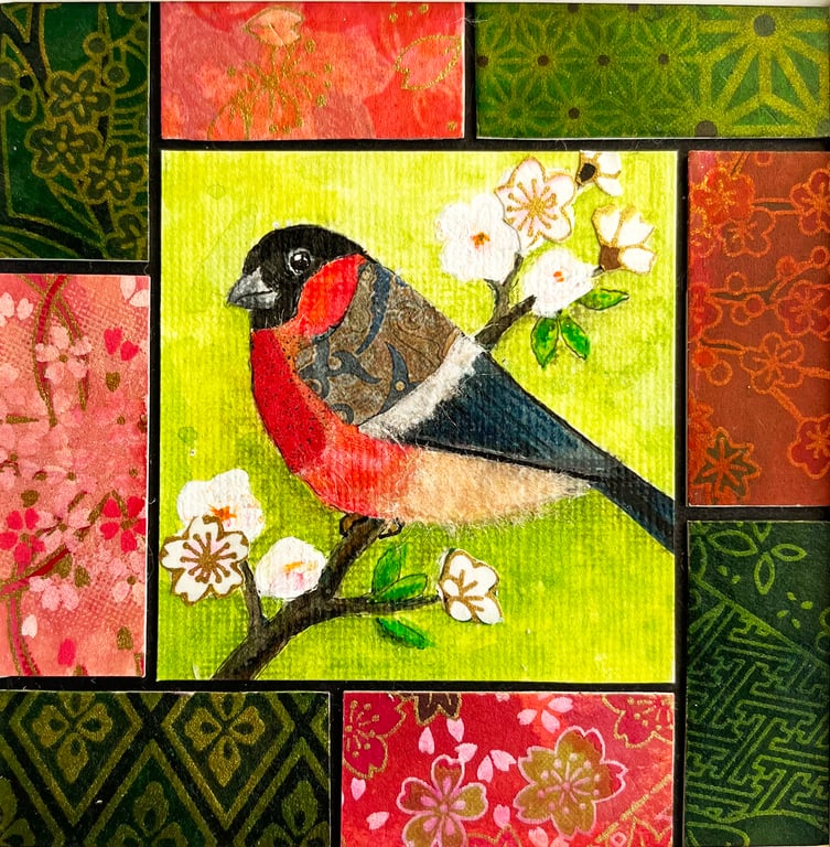 Mixed media picture of bullfinch, original bird art, gift for bird lover
