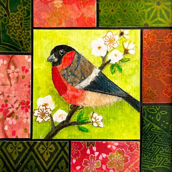 Mixed media picture of bullfinch, original bird art, gift for bird lover