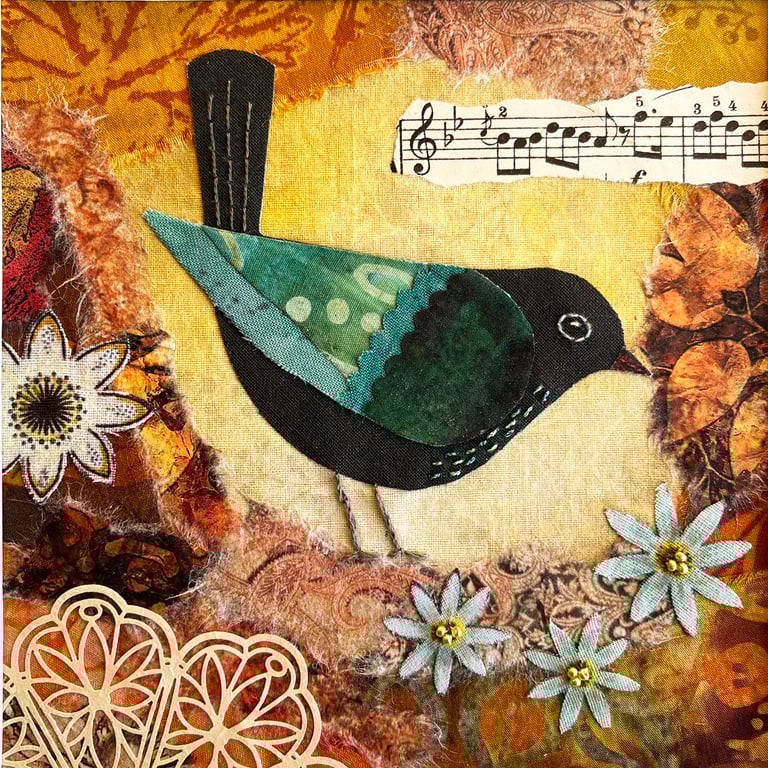 Mixed media collage, gift for bird lover, handmade gift, textile art