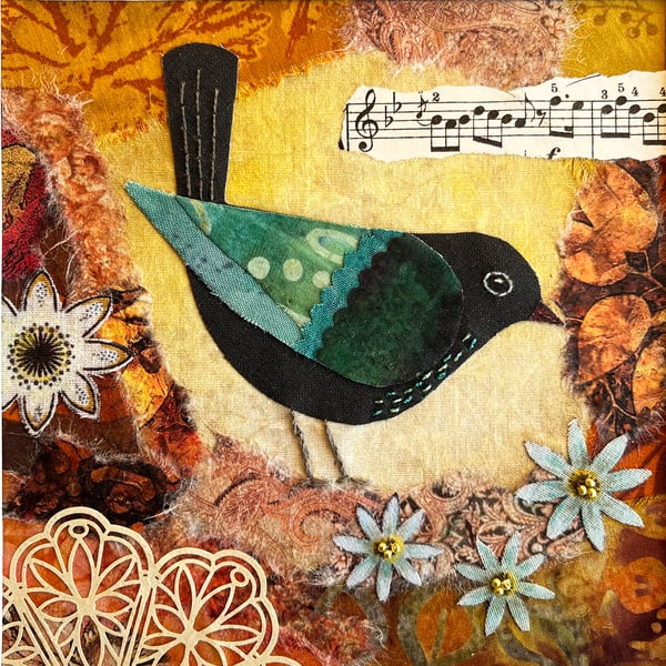 Mixed media collage, gift for bird lover, handmade gift, textile art