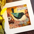 Mixed media collage, gift for bird lover, handmade gift, textile art
