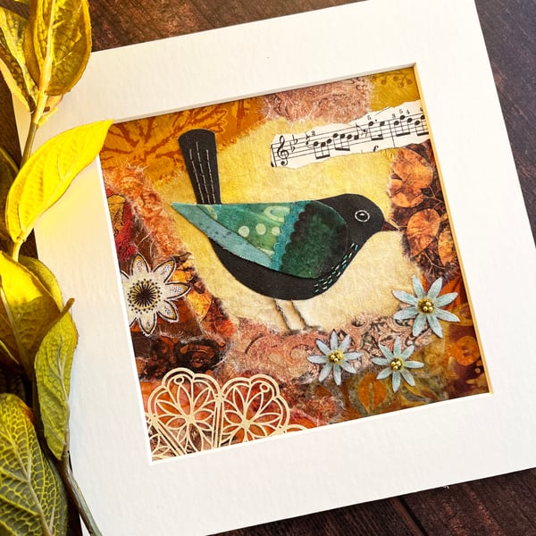 Mixed media collage, gift for bird lover, handmade gift, textile art