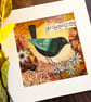 Mixed media collage, gift for bird lover, handmade gift, textile art