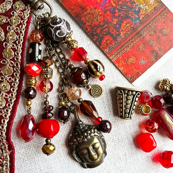 Handmade bag charm, January birthstone, garnet, boho handbag accessory