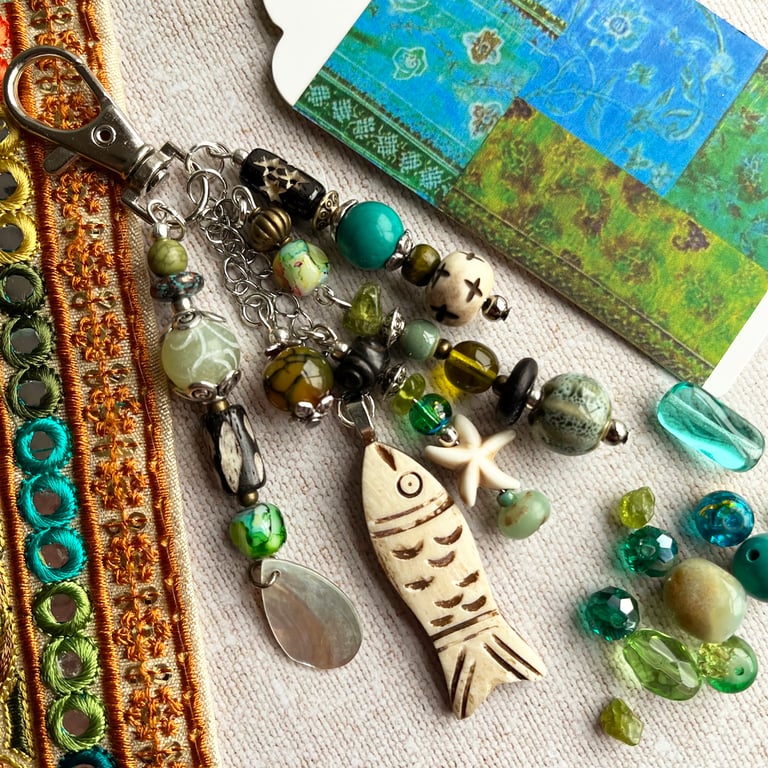 Handmade bag charm, boho bag charm, handbag accessory, carved fish