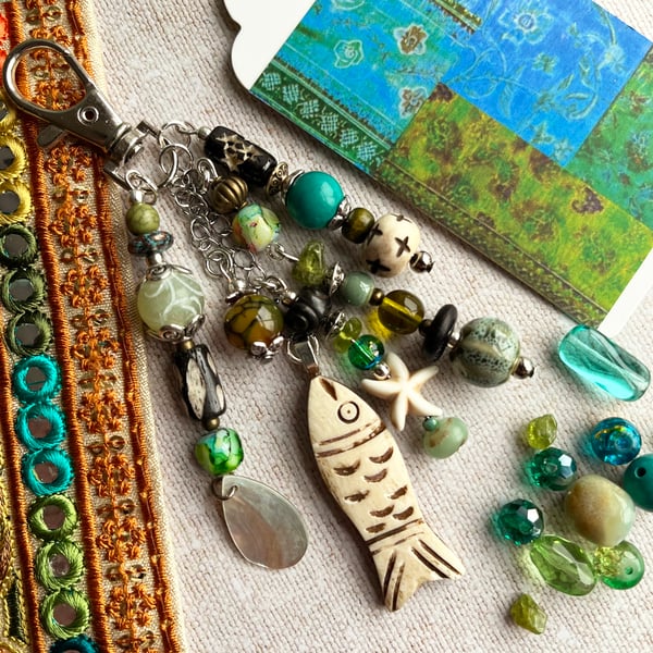 Handmade bag charm, boho bag charm, handbag accessory, carved fish