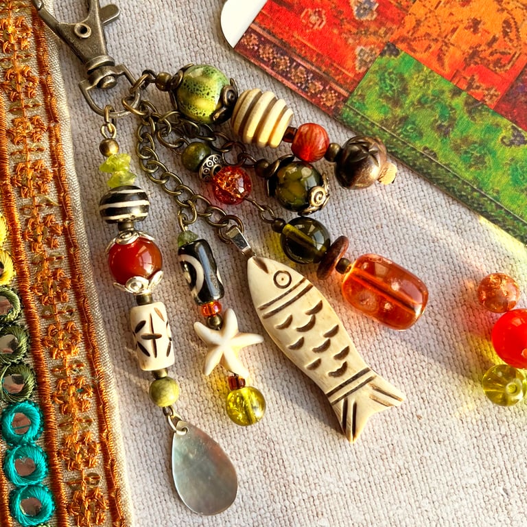 Handmade boho bag charm, pisces gift, carved fish bead