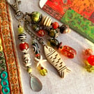 Handmade boho bag charm, pisces gift, carved fish bead