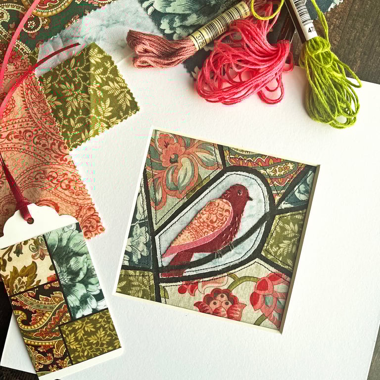 Mosaic-style folk bird picture, textile art, gift for bird lover, textile bird