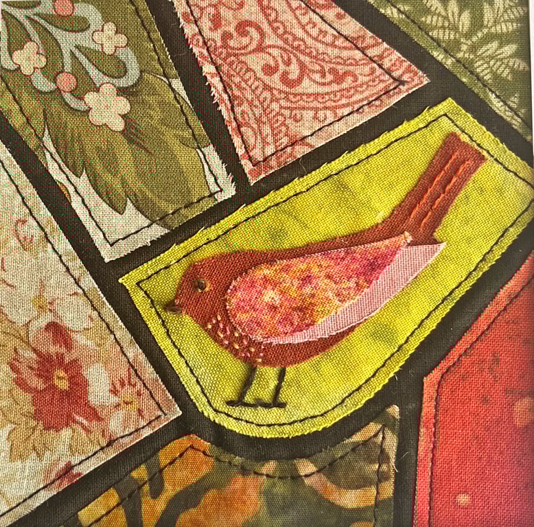 Mosaic-style fabric bird picture, textile art, gift for bird lover, folk bird