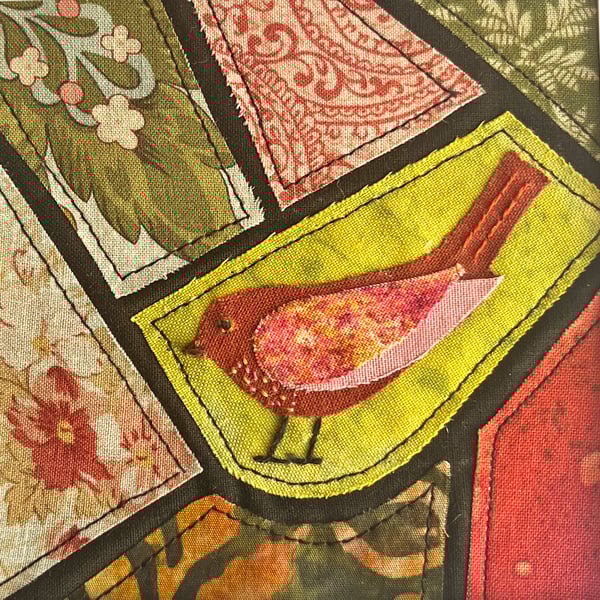 Mosaic-style fabric bird picture, textile art, gift for bird lover, folk bird