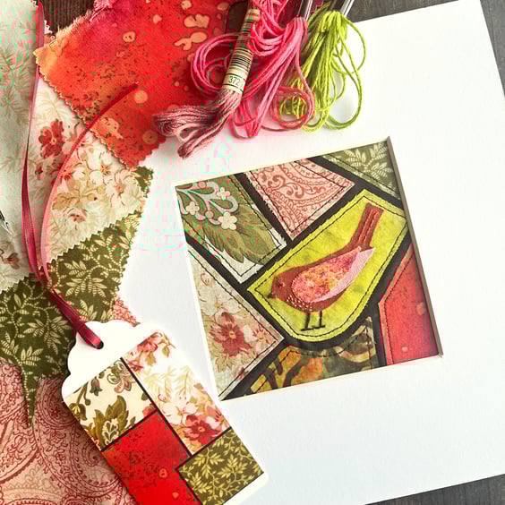 Mosaic-style fabric bird picture, textile art, Perfectly Imperfect