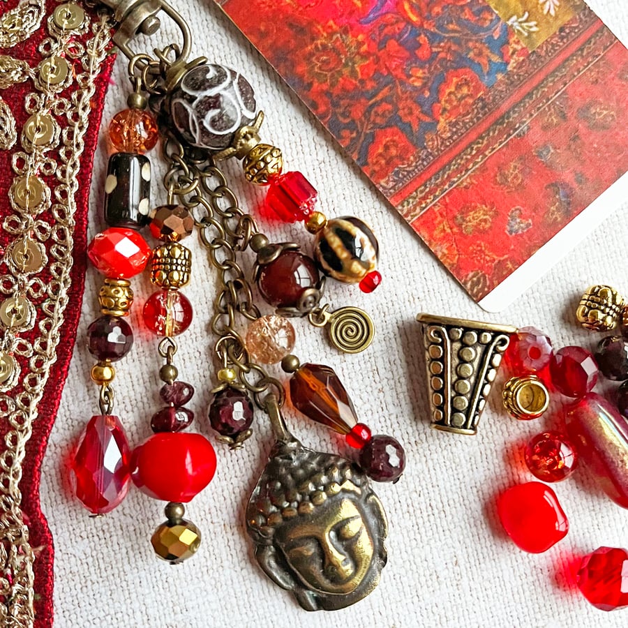 Handmade bag charm, January birthstone, garnet, boho handbag accessory