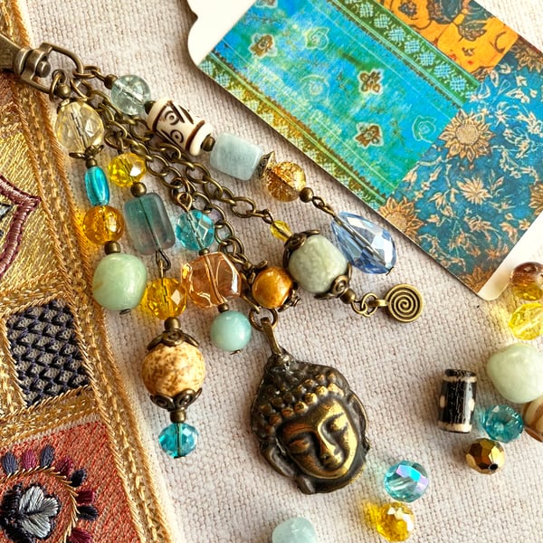 Handmade bag charm, March birthstone, aquamarine, boho-glam handbag accessory