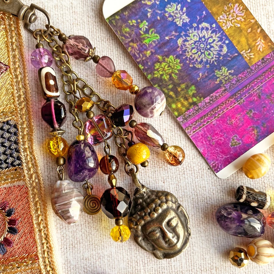 Handmade bag charm, February birthstone, amethyst, boho-glam handbag accessory