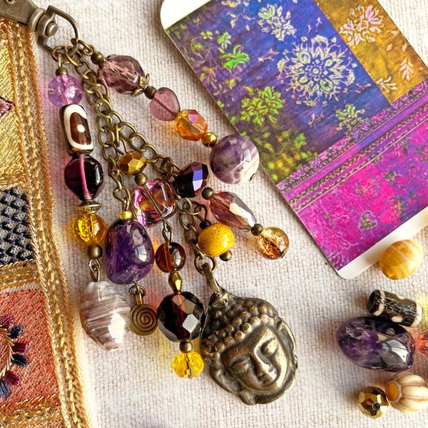 Handmade bag charm, February birthstone, amethyst, boho-glam handbag accessory